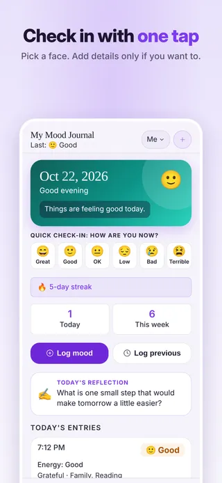 My Mood Journal: Check in with one tap. Pick a face. Add details only if you want to.