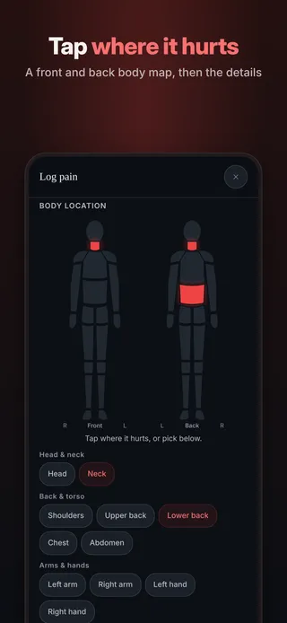 My Pain Journal: Tap where it hurts. A front and back body map, then the details